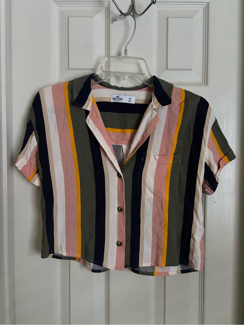 Hollister Olive, Pink, and Yellow Vertical Stripe Button-Down Cropped Top